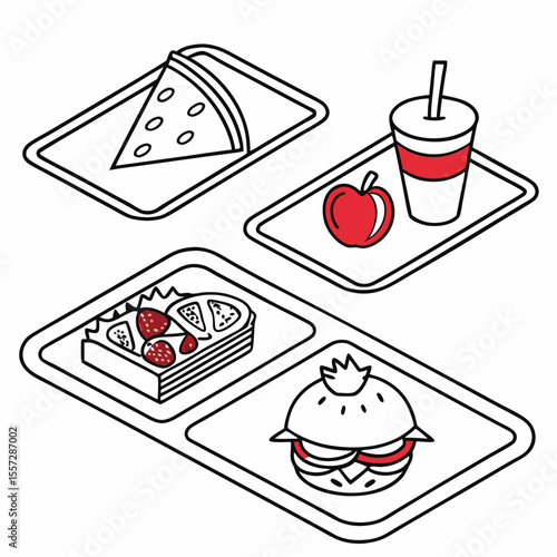 Food trays with pizza slice apple drink burger and dessert