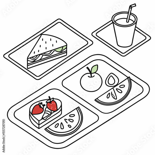 Isometric food tray with sandwich drink and fruit vector
