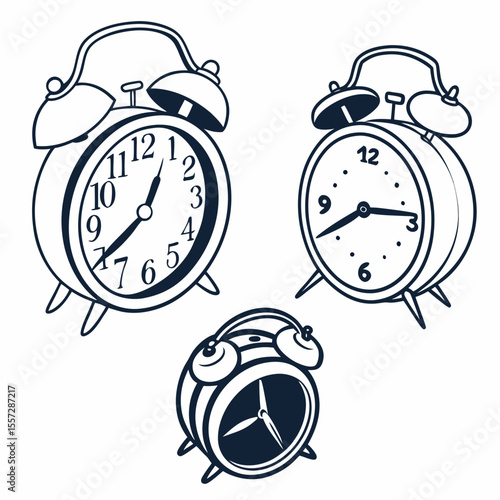 Alarm clocks with bells and hands time vintage