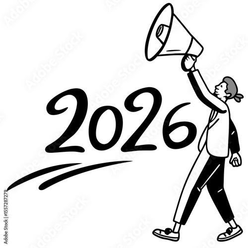 Person holding megaphone announcing year announcement