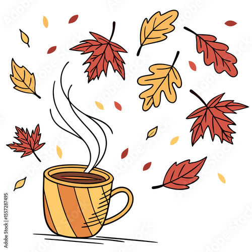Autumn leaves falling around a warm mug vector