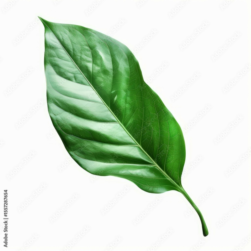Fototapeta premium Fresh green leaf isolated on white, displaying intricate vein patterns