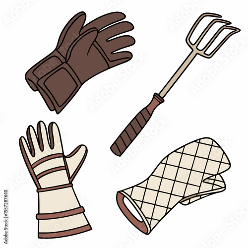 Brown and beige barbecue gloves and fork oven mitts