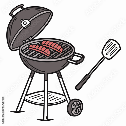 Grilling sausages on charcoal barbecue with spatula