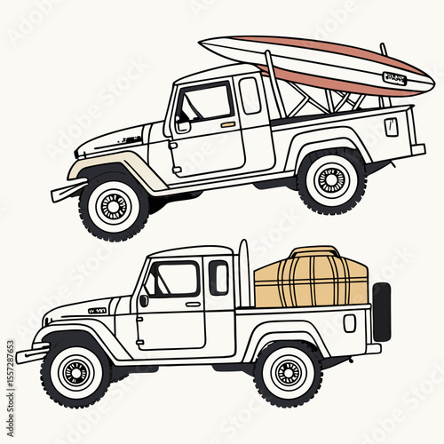 Vintage trucks with surf board and barrel beach travel