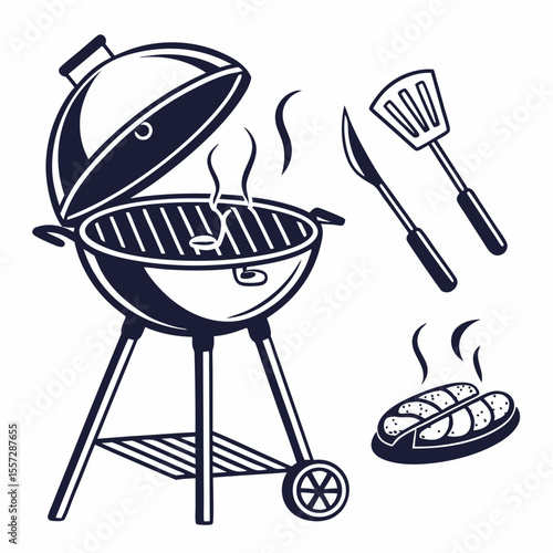 Barbecue grill cooking food with utensils hot dogs