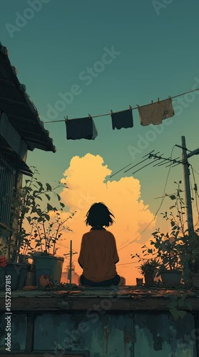 Lofi Anime Girl on Rooftop at Dusk with Orange Clouds and Laundry in a Peaceful Urban Landscape Digital Illustration