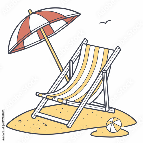 Striped beach chair with umbrella and ball beach ball