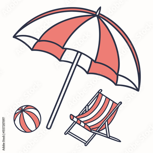 Coral and white beach umbrella deck chair and ball