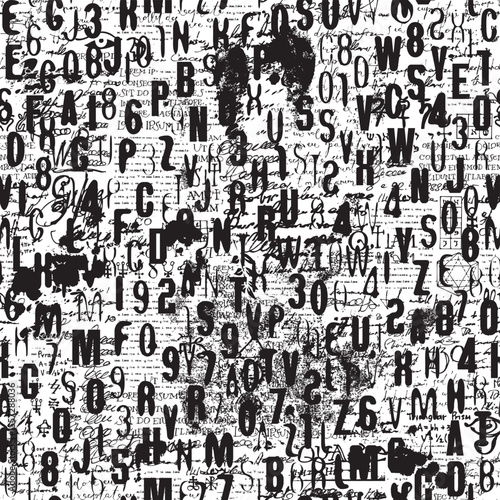 Abstract seamless pattern consisting of font. Vector background with capital English Latin letters and handwritten text. Wallpaper, wrapping paper, ceramic tile, t-shirt design, fabric, textile. No ai