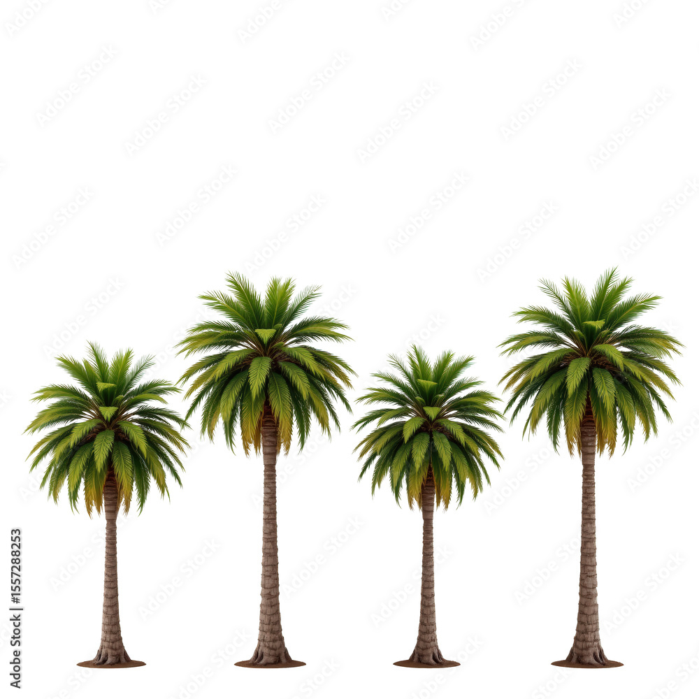 Obraz premium Group of Tall Tropical Palm Trees Isolated on White Background for Summer or Vacation Theme
