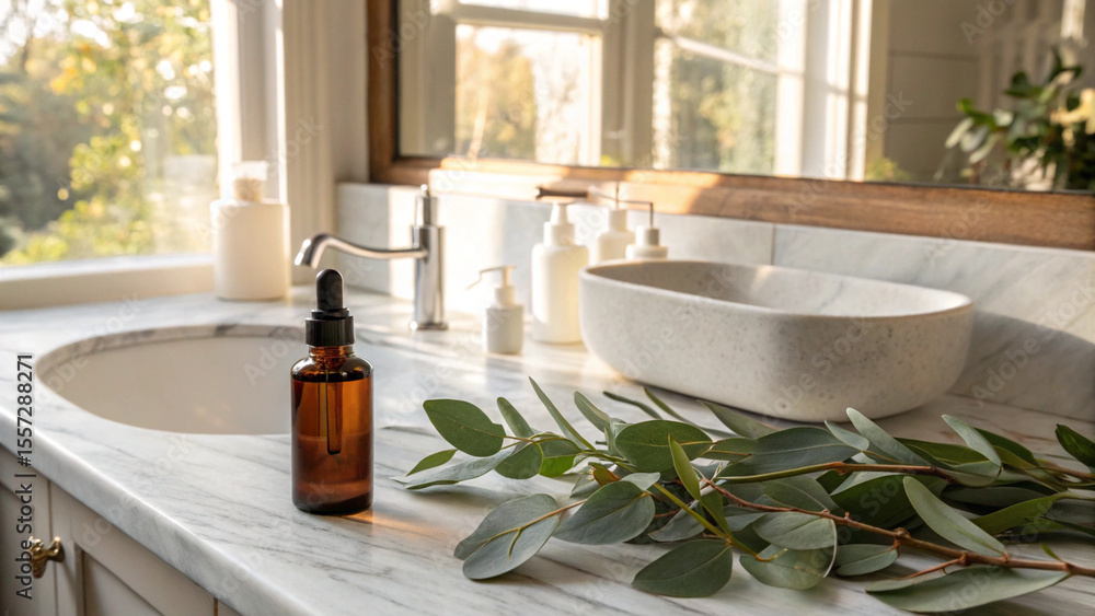 Fototapeta premium Morning sunlight highlighting skincare bottle on marble sink with eucalyptus – cozy real-life bathroom scene