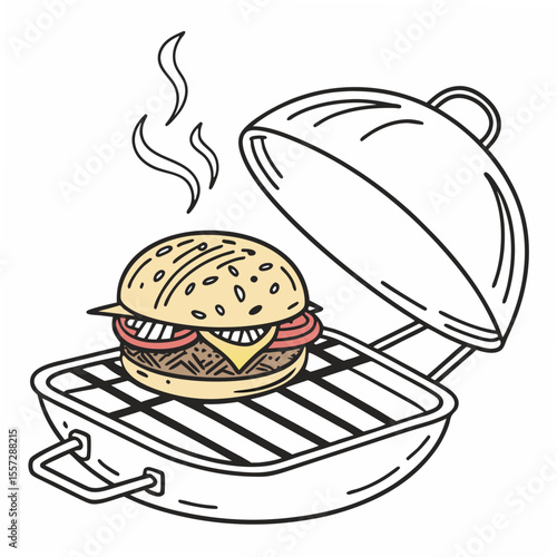 Burger cooking on grill with steam food barbecue