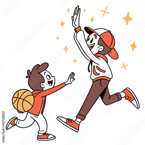 Boys celebrating with basketball high five celebration