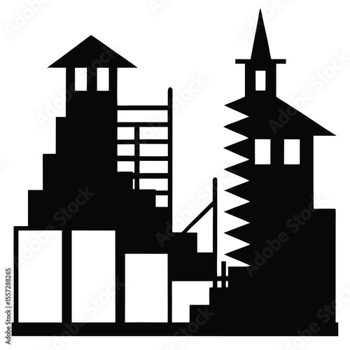 Urban townscape vector, traditional building silhouette, neighborhood block icon

