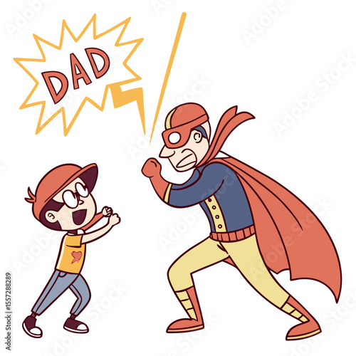 Father and son playing superhero cape mask