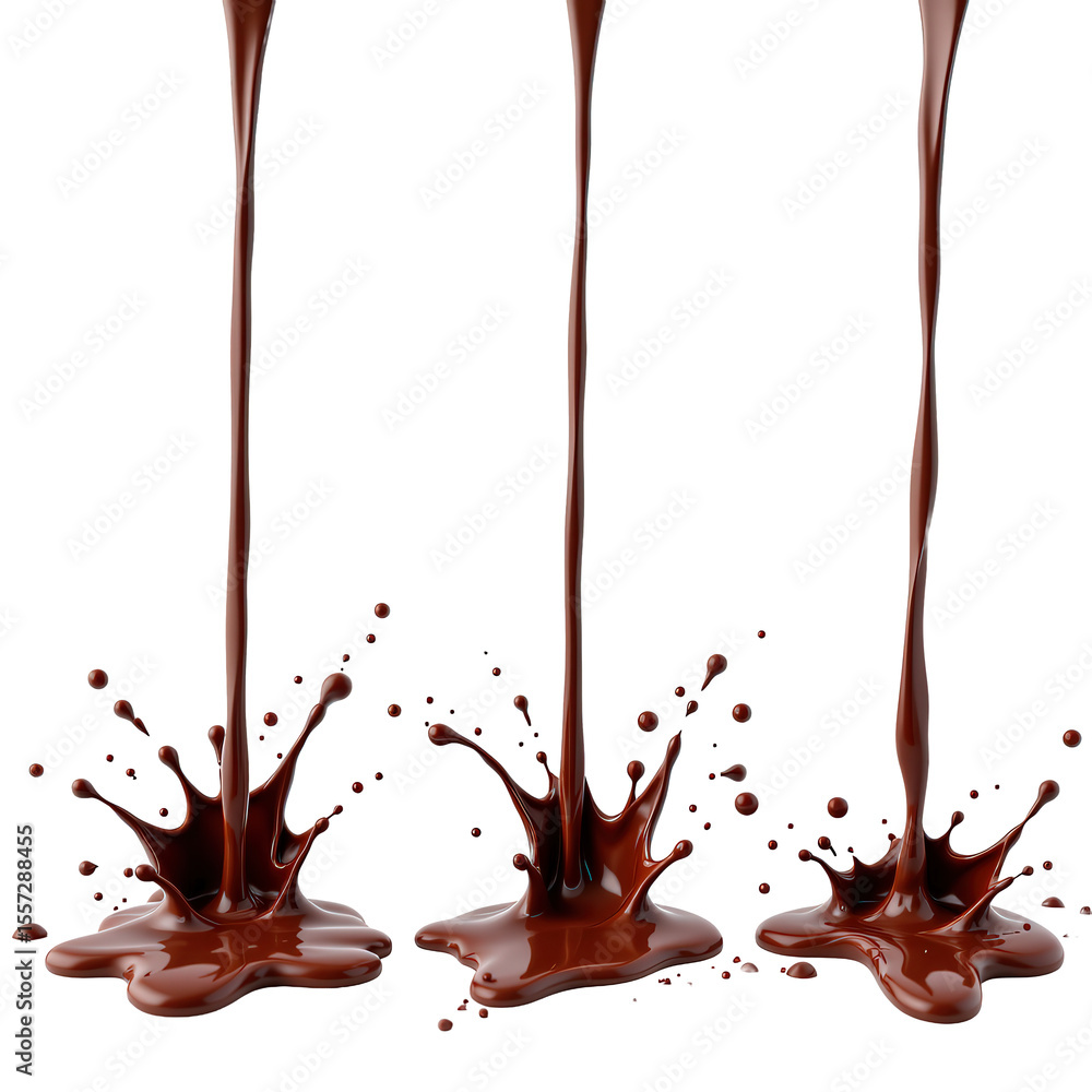 Fototapeta premium Liquid Chocolate Flowing and Splattering from Three Streams against a White Background for Culinary Art