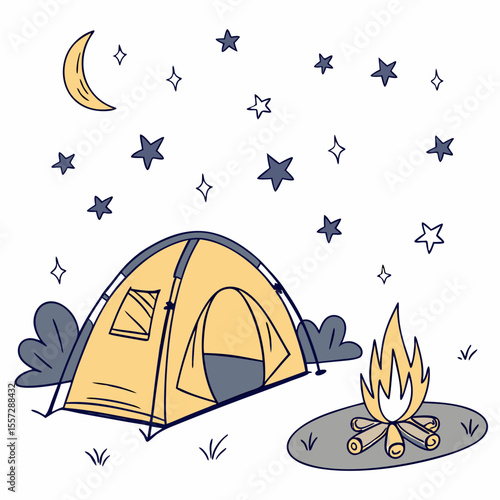 Yellow tent under starry night sky with campfire camping