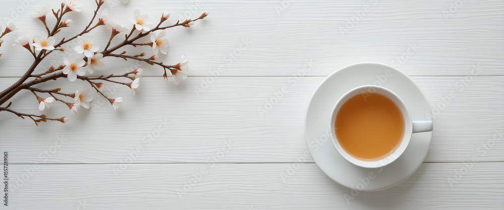 Minimal Elegance: White Tea Cup and Blossom Branch on White Wooden Table
Minimal Elegance: White Tea Cup and Blossom Branch on White Wooden Table