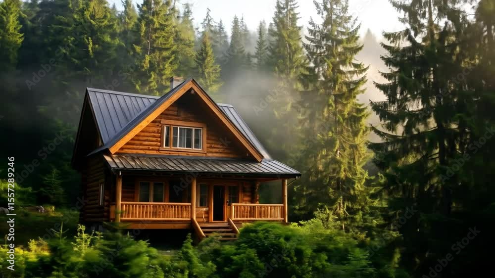 Wooden Cabin Nestled In Lush Green Forest With Morning Sunlight And Misty Atmosphere Wooden Cabin Nestled In Lush Green Forest With Morning Sunlight And Misty Atmosphere