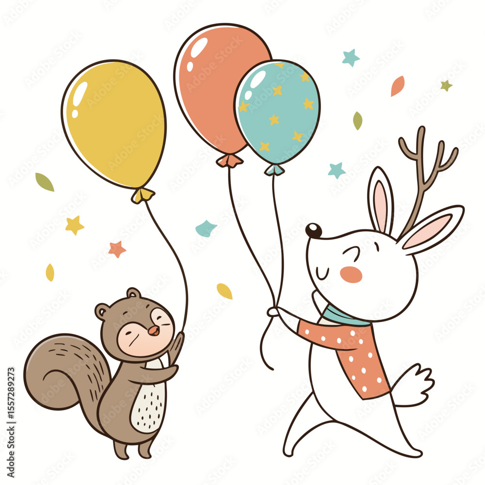 Naklejka premium Cute squirrel and deer with balloons cartoon animals
