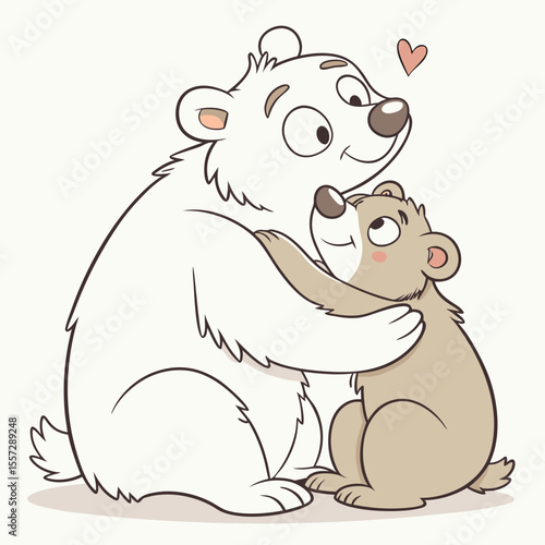 White and brown bears hugging with love cubs affection