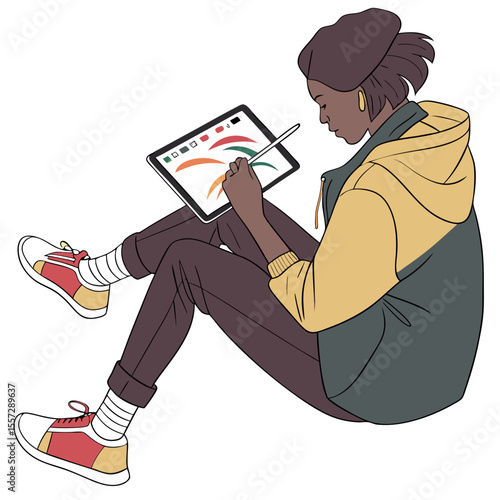 Young artist drawing on tablet with stylus digital art