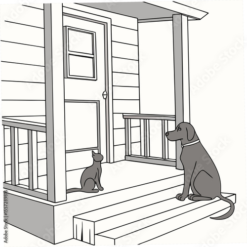Dog and cat sitting on porch steps vector