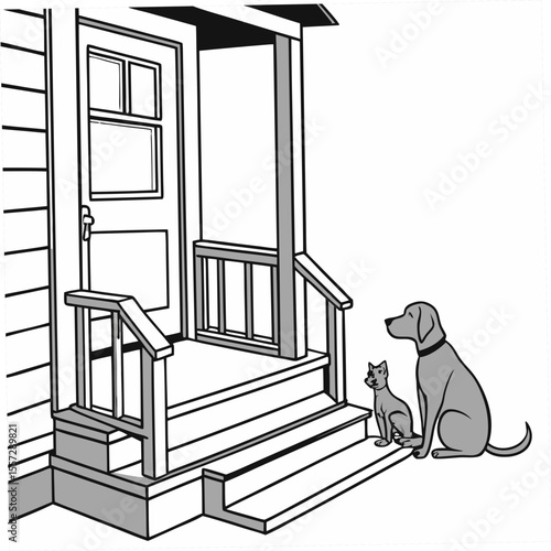Dog and cat on porch steps sitting