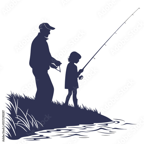 Father and child fishing silhouette water