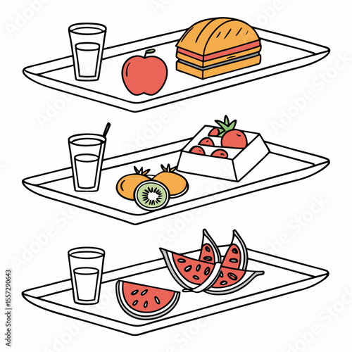 Food trays with drinks and fruits apple sandwich