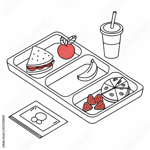 Food tray with sandwich apple banana pizza strawberries and drink