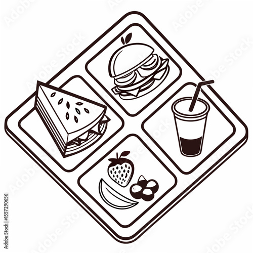 Food tray with sandwich drink and fruit meal lunch