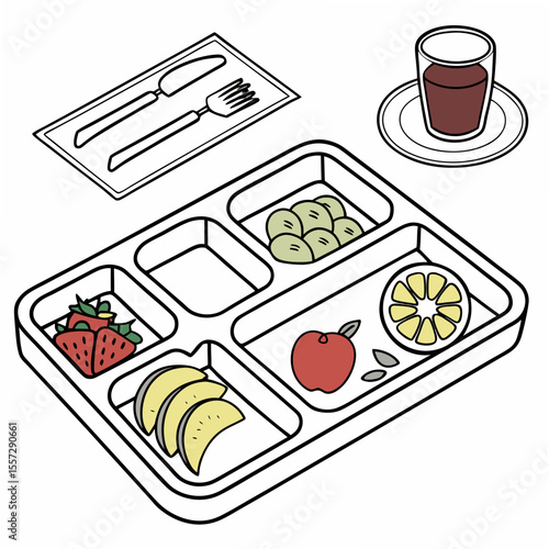 Food tray with fruits and drink meal lunch