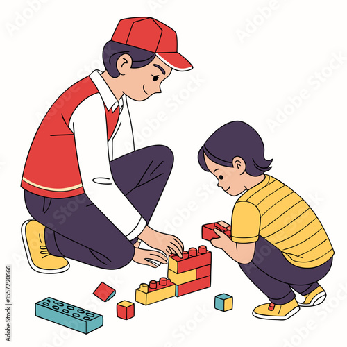 Boys building colorful blocks together brothers playing