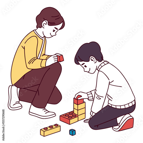 Boys building with colorful blocks siblings playing