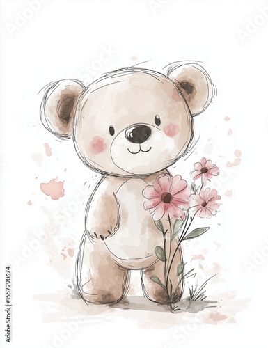 Cute watercolor teddy bear illustration holding pink daisy flowers. Hand drawn style with soft pastel tone and delicate splash background. Perfect for nursery art. Greeting cards.