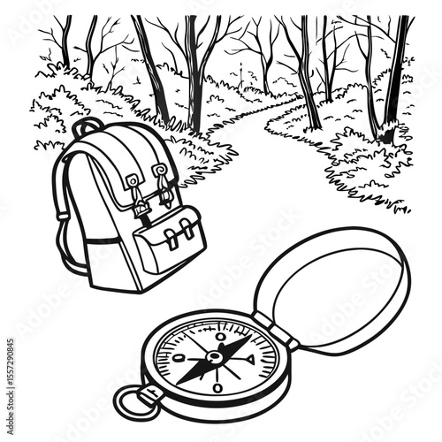 Backpack and compass on forest path hiking