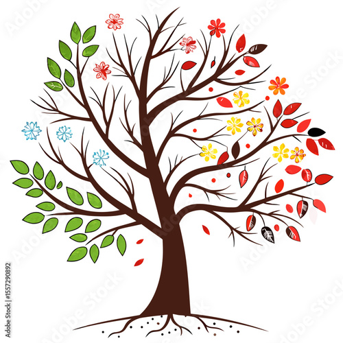 Stylized tree showing seasonal changes with flowers and leaves