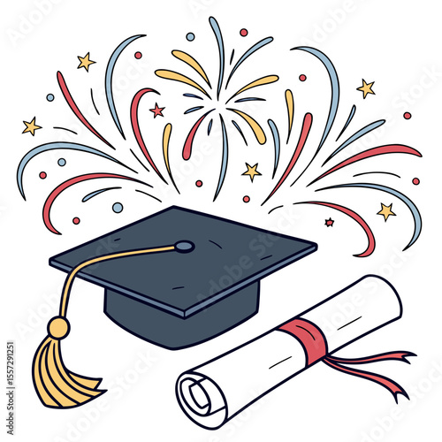 Graduation cap and scroll with fireworks diploma celebration