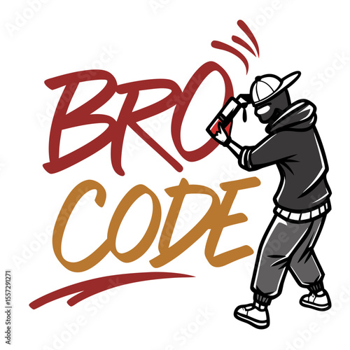 Graffiti artist creating bro code lettering spray paint