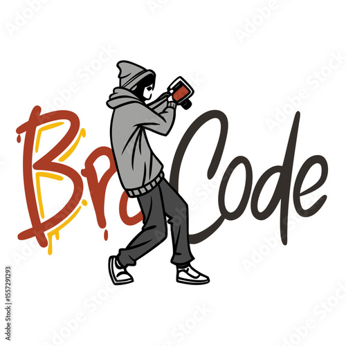 Graffiti artist spraying bro code lettering vector