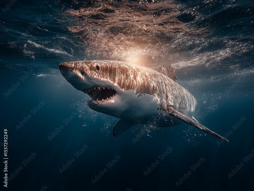 Fototapeta premium Great white shark in deep ocean. Sunlight beams through water