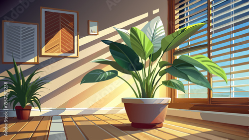 Peace lily with broad leaves in large clay pot, shaded living room corner, soft light beam through blinds, patterned rug, calming shadows, wellness decor in American apartment.

