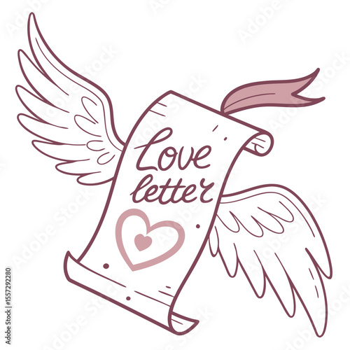 Flying love letter with wings and heart romance
