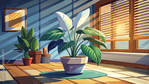 Peace lily with broad leaves in large clay pot, shaded living room corner, soft light beam through blinds, patterned rug, calming shadows, wellness decor in American apartment.

