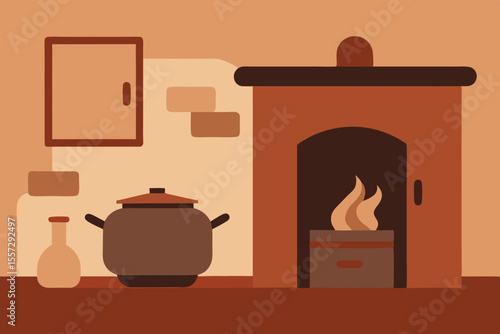 A Humble And Rustic Kitchen Scene With A Steaming Pot Over An Open Fire In A Hut