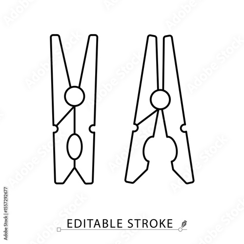 Clothespins icon in minimalist style with editable stroke. Laundry accessory, drying clip, household item, clothing care tool, peg symbol, sanitation object, outline drawing, vector line illustration.