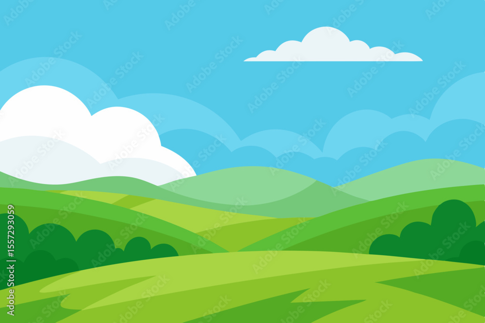 Under A Wide Blue Sky Filled With Puffy White Clouds Are Rolling Green Meadows Under A Wide Blue Sky Filled With Puffy White Clouds Are Rolling Green Meadows