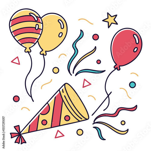 Festive balloons confetti party popper star celebration